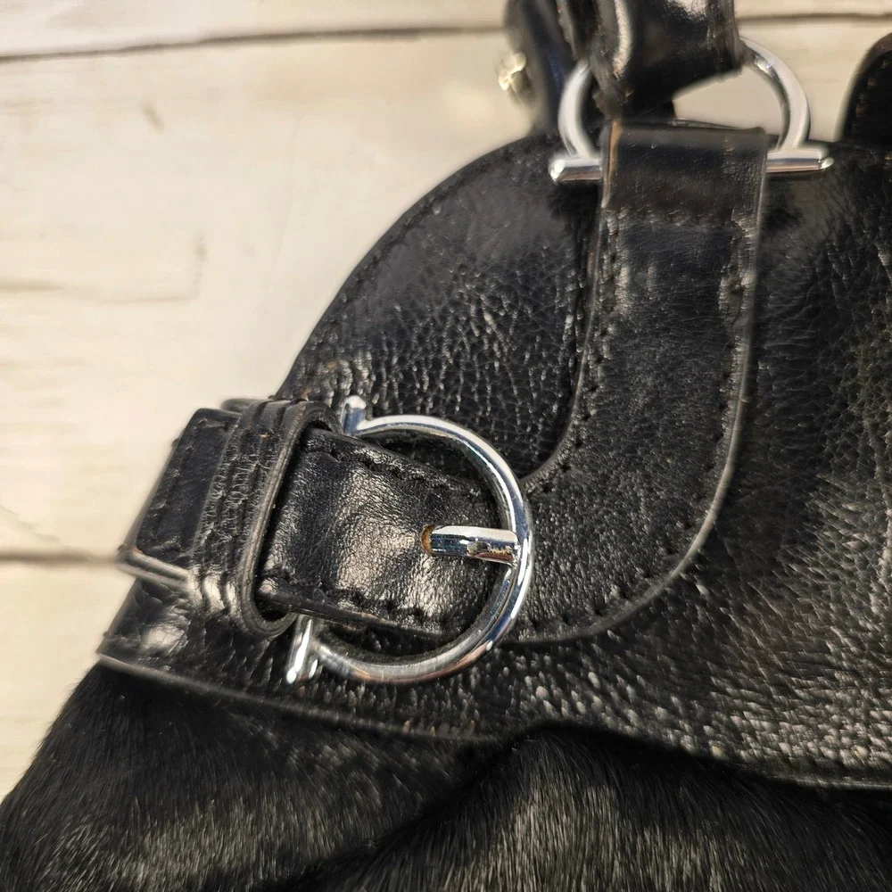 VTG Salvatore Ferragamo Black Pony Hair & Leather Gancini Satchel Bag IX-663529